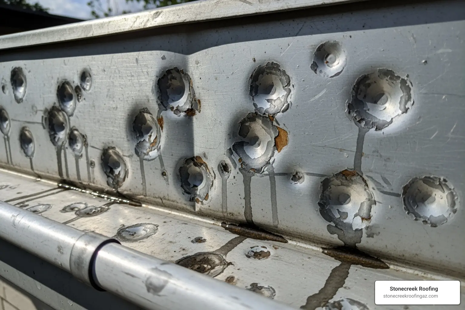 dented gutter after hailstorm - roof hail damage inspection