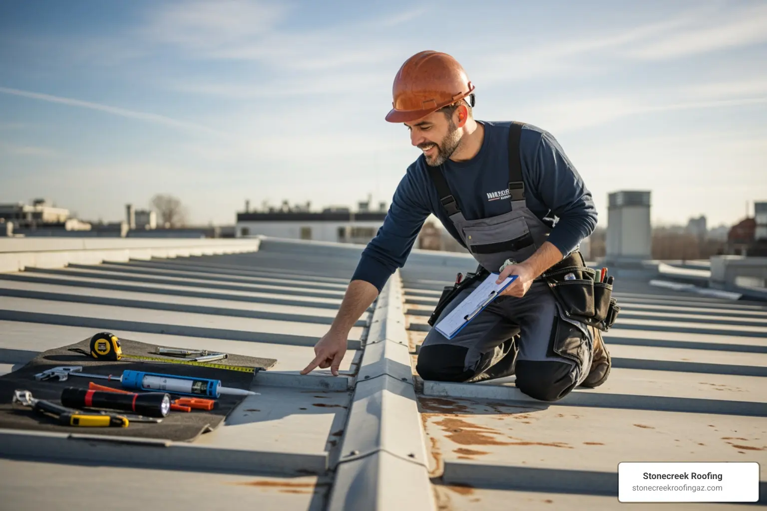 friendly roofing expert inspecting a flat roof - flat metal roof cost