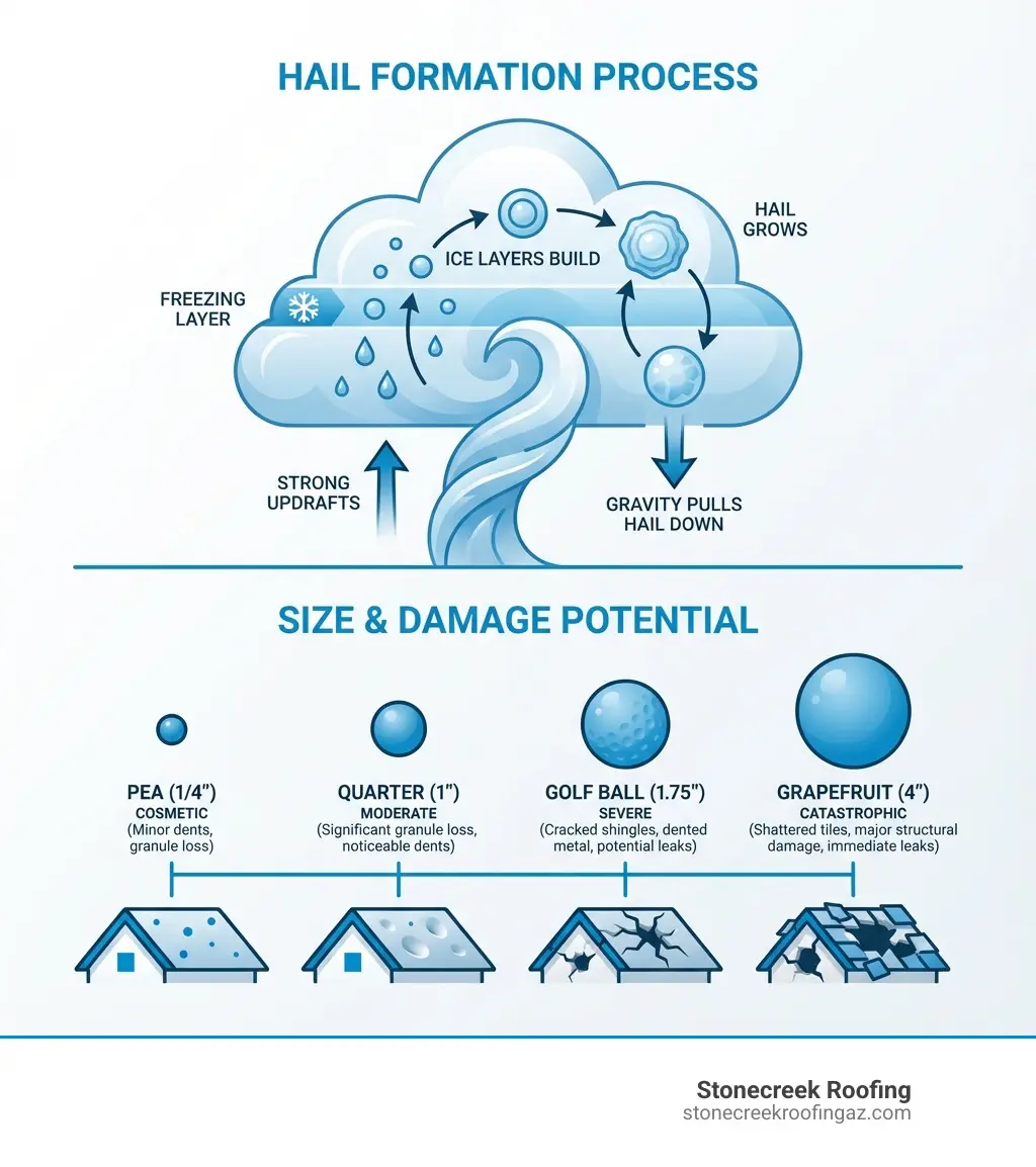 infographic showing hail formation process from thunderstorm updrafts through freezing layers, with size comparisons from pea-sized quarter-inch hail to grapefruit-sized four-inch hail, and corresponding damage potential for each size - roof hail damage inspection infographic