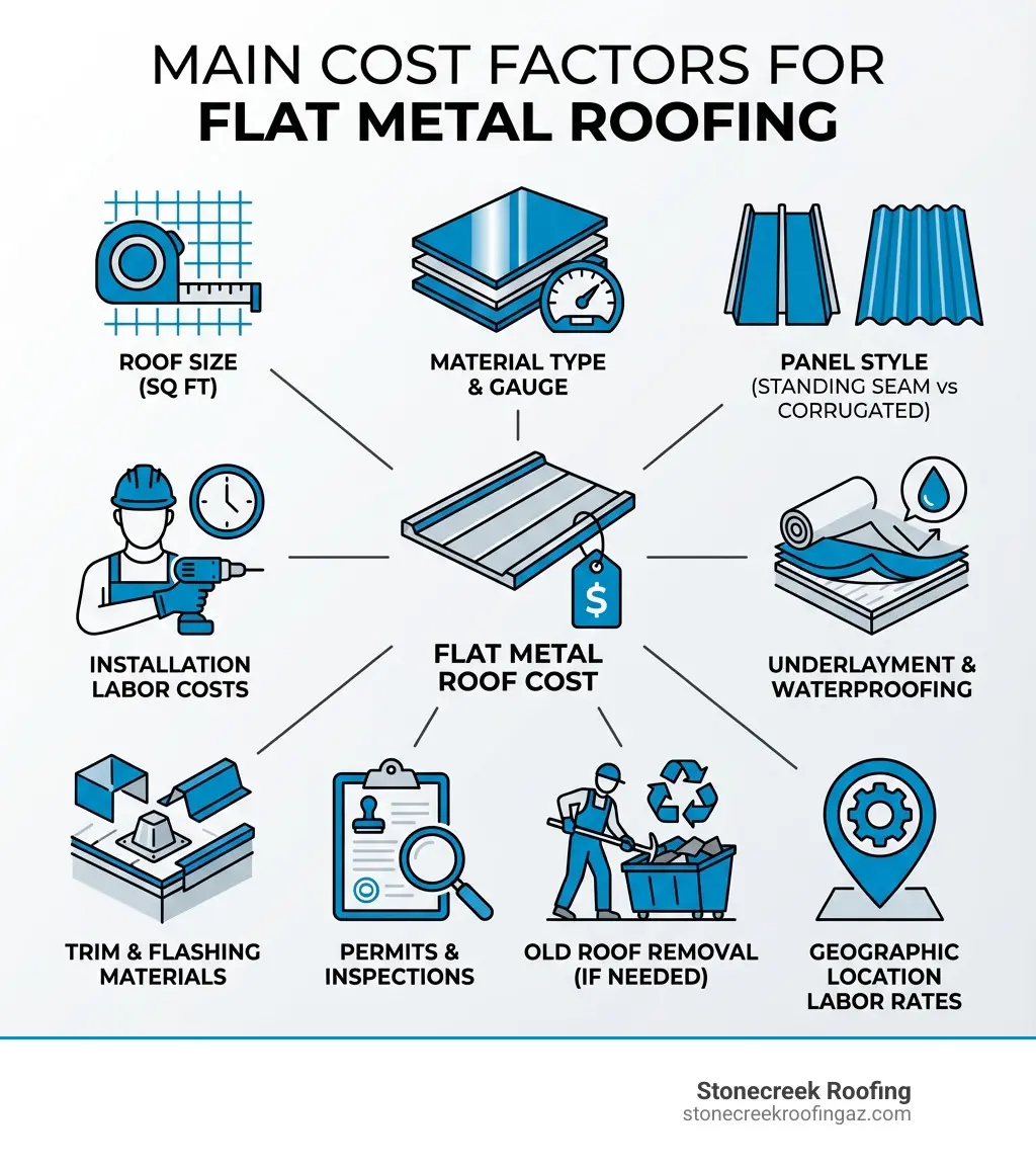 Infographic showing the main cost factors for flat metal roofing: roof size in square feet, material type and gauge, panel style (standing seam vs corrugated), installation labor costs, underlayment and waterproofing, trim and flashing materials, permits and inspections, old roof removal if needed, and geographic location labor rates - flat metal roof cost infographic 