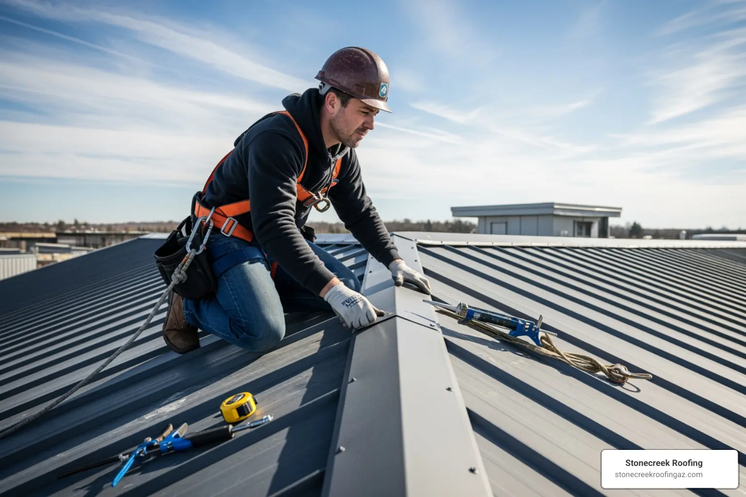 A professional roofer wearing a hard hat and safety harness, making final inspections on a newly installed metal roof, checking seams and flashing with a keen eye - metal roof installation phoenix