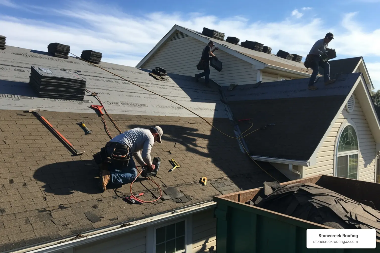 planned roof replacement in progress on a sunny day - does replacing your roof lower your homeowners insurance