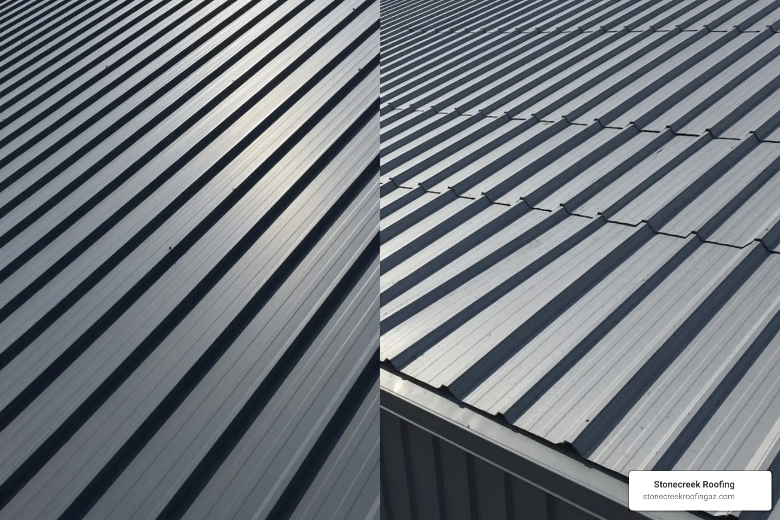Image comparing a standing seam roof with clean, vertical lines and a corrugated metal roof with wavy, ribbed panels - metal roof installation phoenix