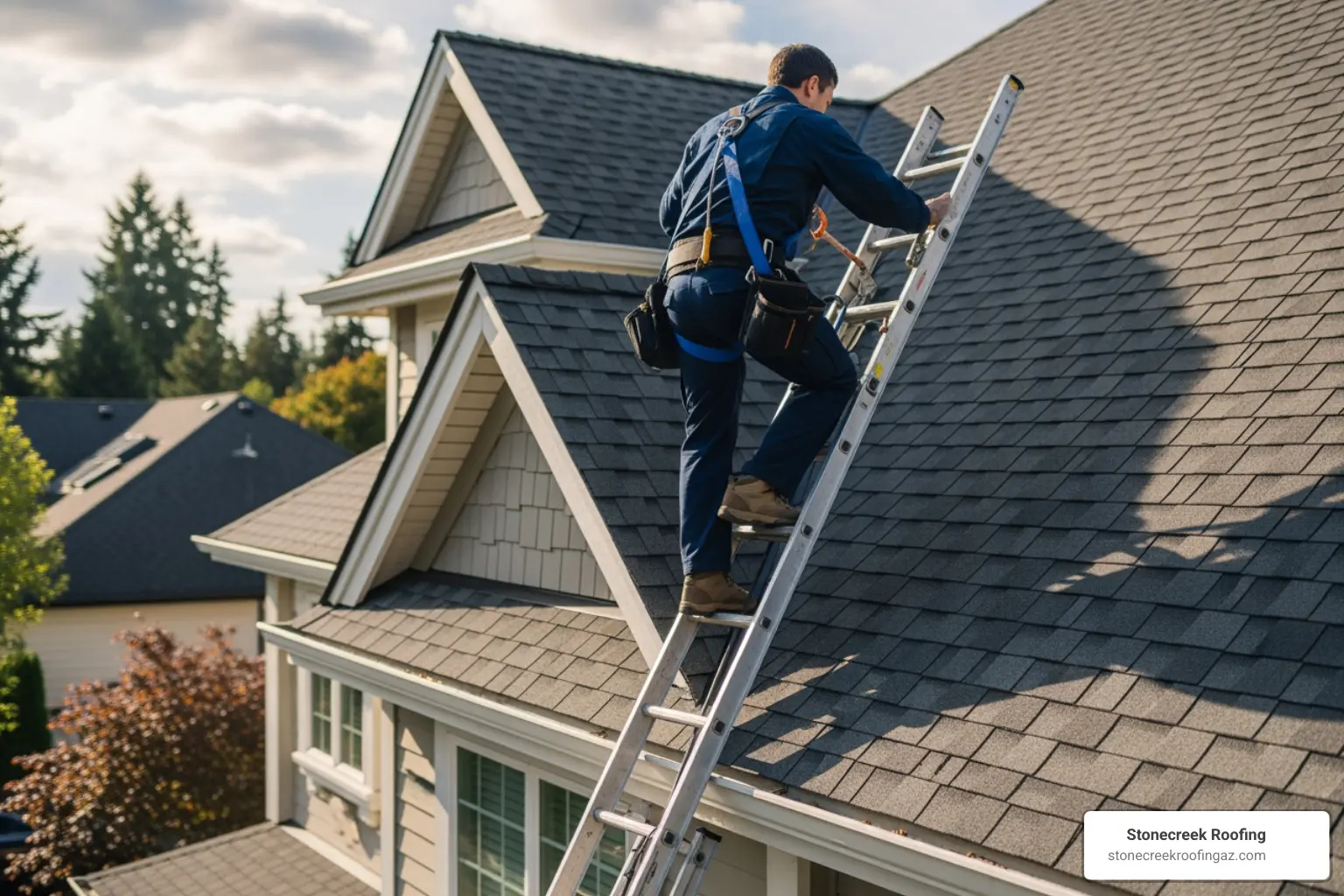 person safely inspecting a roof with proper gear - roof hail damage inspection