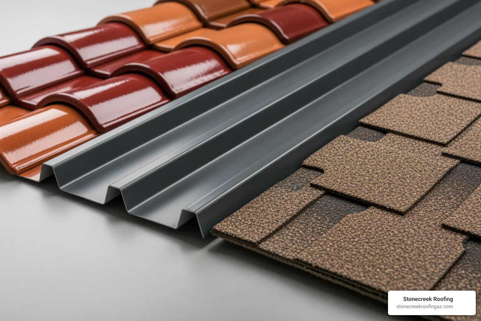 various roofing materials like tile, metal, and shingles laid out - does replacing your roof lower your homeowners insurance